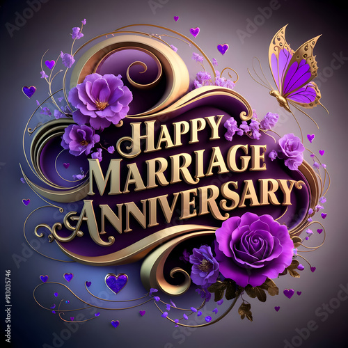 A happy marriage anniversary card with purple roses and butterflies