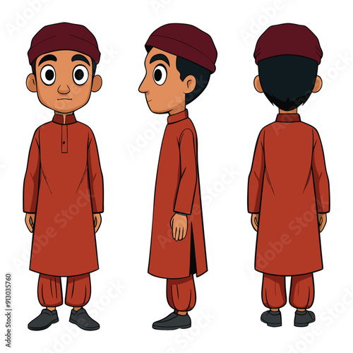 Asian Indian Pakistan Arab 2D Man Character Front View, Side, Back View Wear Shalwar Kameez 