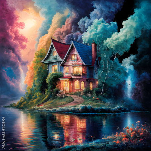 A painting of a house in the middle of a lake