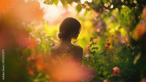 Mulher contemplativa em um jardim desfocado