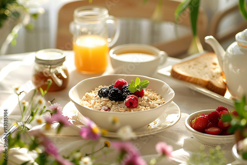 Healthy Breakfast Table with Oatmeal, Fresh Berries, Orange Juice, Green Tea, Whole Grain Toast, and Honey