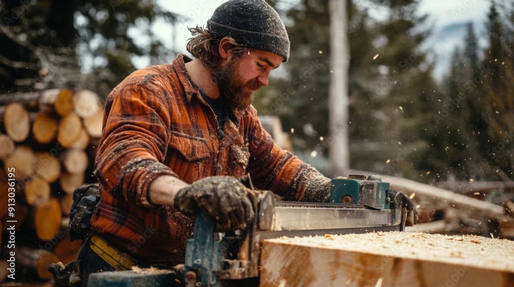 A woodworker skillfully operates a portable sawmill, creating lumber from freshly cut logs in a forest setting. A woodworker skillfully operates a portable sawmill, creating lumber from freshly cut logs in a forest setting.