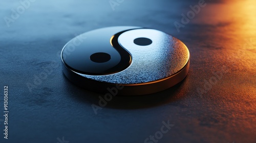 Yin Yang Harmony: A metallic Yin Yang symbol rests on a cool, blue surface, illuminated by a warm, orange glow photo