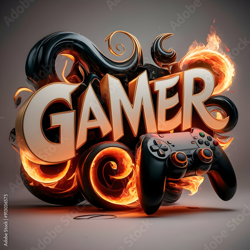 The word gamer with a video game controller in front of it