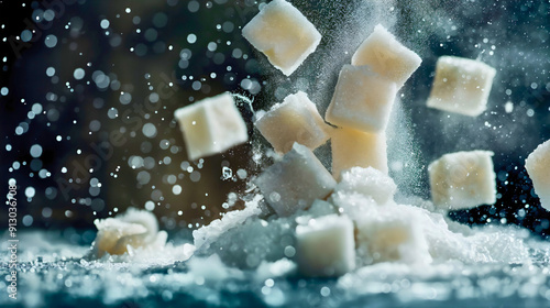 White sugar cubes, sugar used as a seasoning and additive in dishes or beverages, sugar added to ingredients to sweeten them. photo