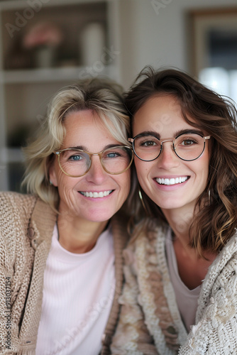 A middle-aged mother hugging her young daughter in the living room of her apartment.