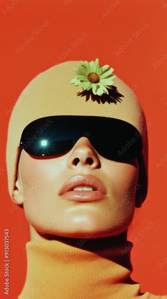 A model exudes confidence, adorned with a playful flower and stylish sunglasses A model exudes confidence, adorned with a playful flower and stylish sunglasses
