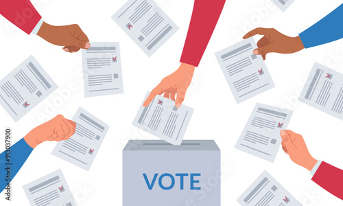 Election concept banner. Vote ballot box. Diversity group of people putting paper ballots into the ballot box. Fair voting and opinion. Vector illustration