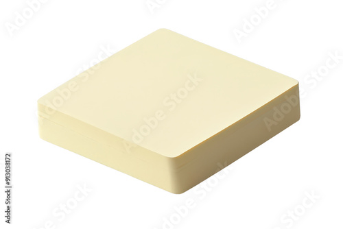 A close-up of a stack of blank yellow sticky notes, perfect for reminders or note-taking in an office environment.