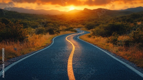 Winding road through lush landscape at sunset, capturing the beauty of nature's colors and textures. photo