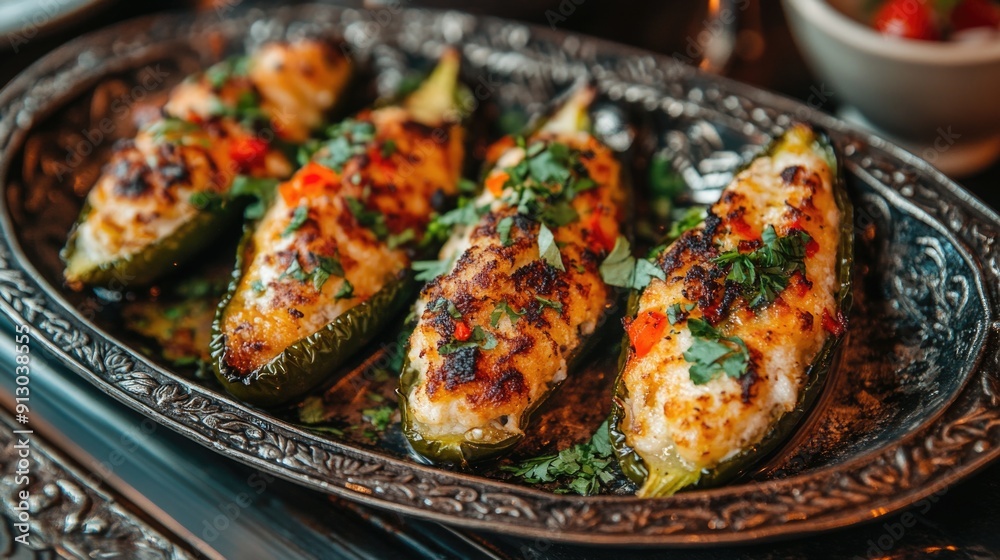 Four jalapeno poppers filled with cheese and herbs, beautifully presented Four jalapeno poppers filled with cheese and herbs, beautifully presented
