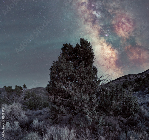 Colorful Milky Way core over a tree and high-altitude desert landscape