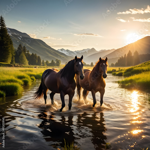 Horses cross the river on the background of a mountain landscape under the bright sun