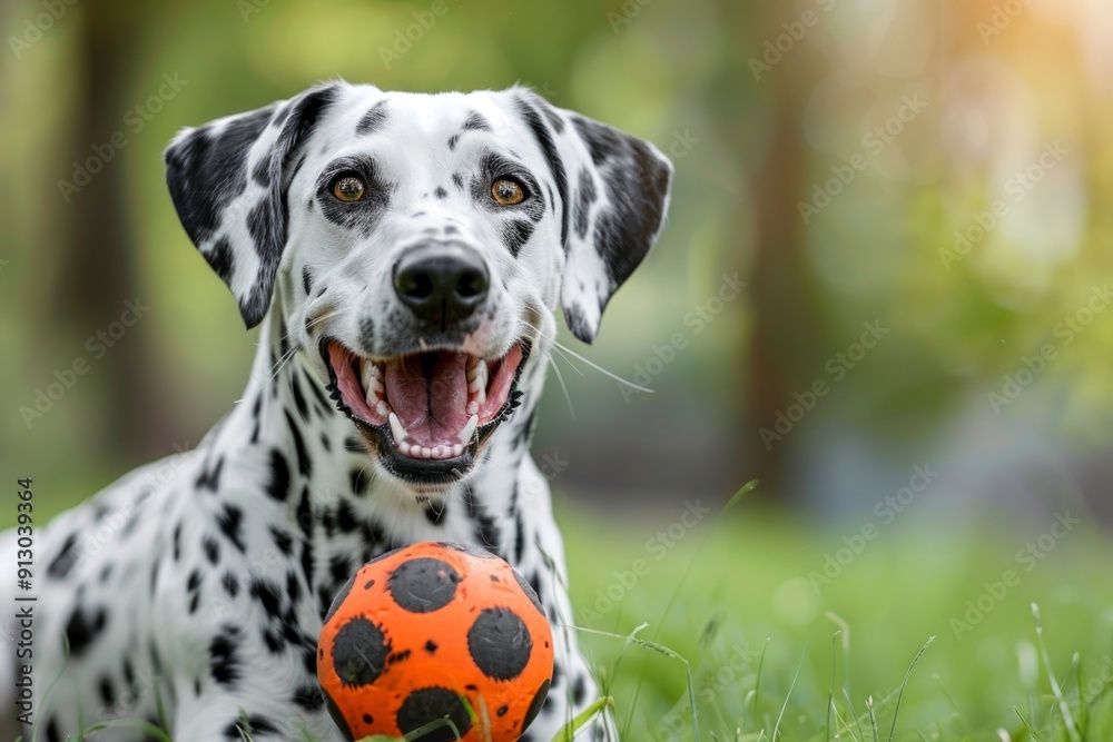 Beautiful. Dalmatian dog playing ball on beautiful green grass background. Beautiful. Dalmatian dog playing ball on beautiful green grass background.