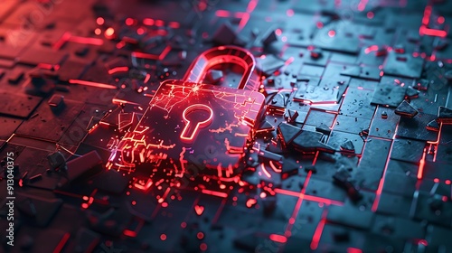 Data breach concept with a broken padlock and red alert symbols, highlighting cybersecurity risks