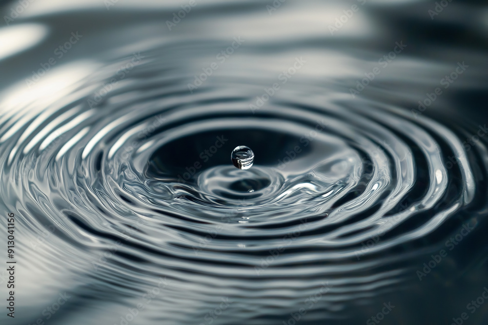 A clear water drop creates circular ripples as it falls onto a surface A clear water drop creates circular ripples as it falls onto a surface