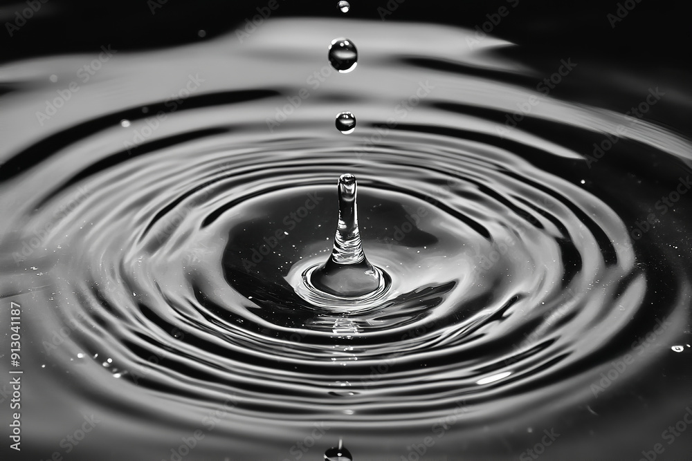 A clear water drop creates circular ripples as it falls onto a surface A clear water drop creates circular ripples as it falls onto a surface