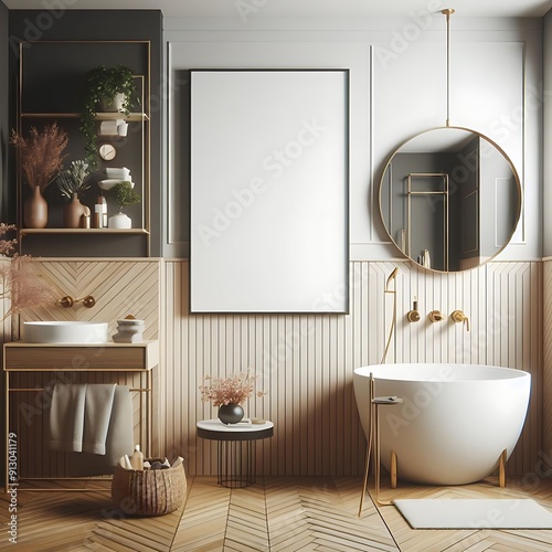 A bathroom have mockup poster with a tub and a mirror creativecreative photo