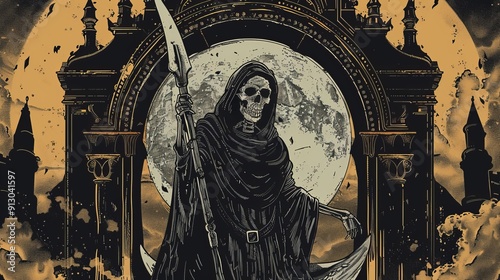 Tarot card Death Grim Reaper with the scythes in front of the gothic arch with moon vector illustration. Hand drawn gothic style placard, poster or print design. photo