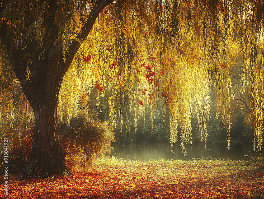 Fototapeta premium Golden Autumn Willow by the Tranquil Pond