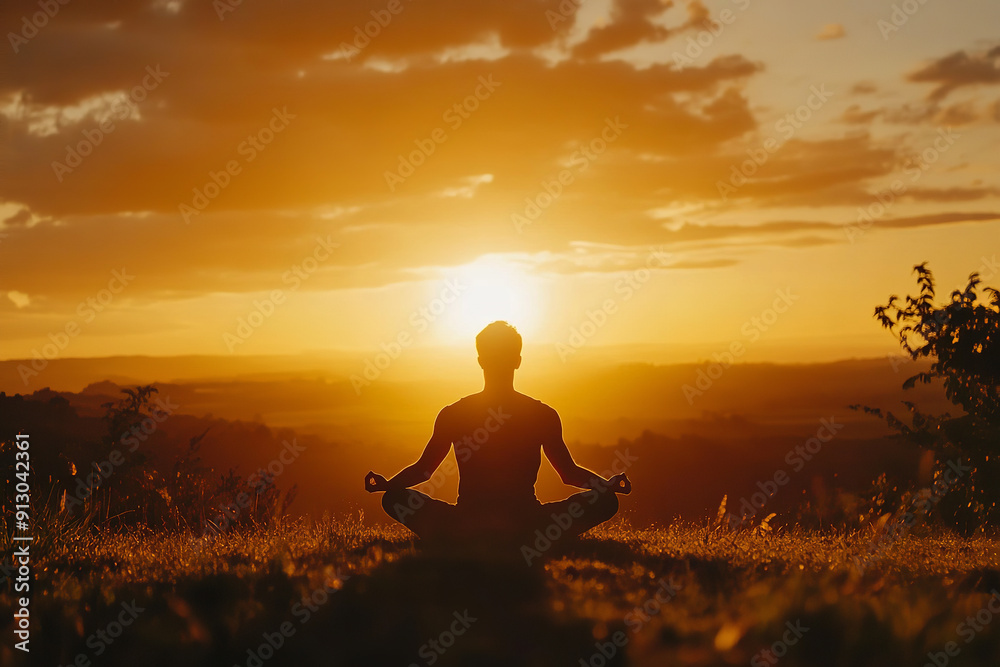 A man performs a yoga pose, deep in zen meditation, against a breathtaking sunset. The warm, golden hues of the setting sun create a serene backdrop A man performs a yoga pose, deep in zen meditation, against a breathtaking sunset. The warm, golden hues of the setting sun create a serene backdrop