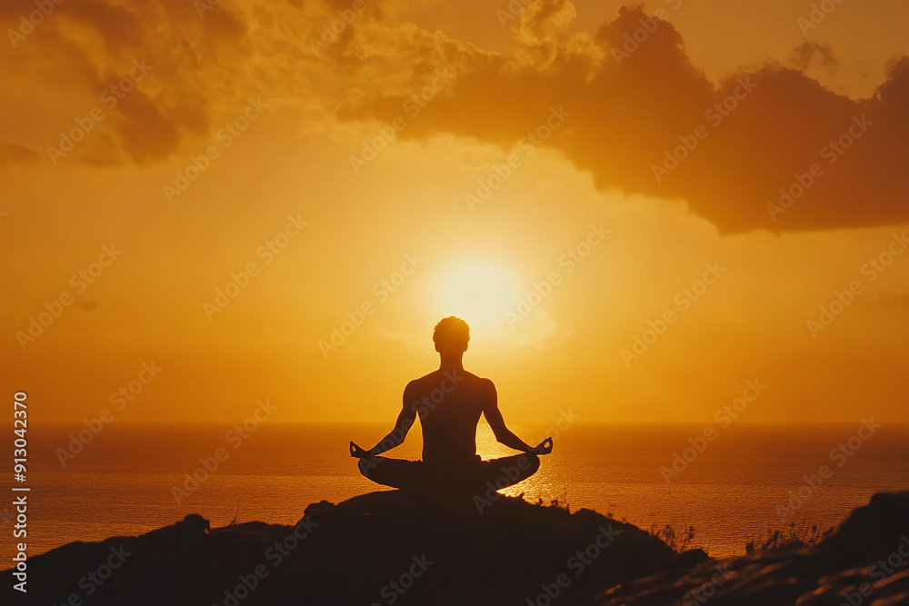 A man performs a yoga pose, deep in zen meditation, against a breathtaking sunset. The warm, golden hues of the setting sun create a serene backdrop A man performs a yoga pose, deep in zen meditation, against a breathtaking sunset. The warm, golden hues of the setting sun create a serene backdrop