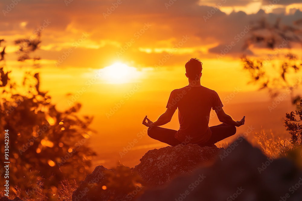 A man performs a yoga pose, deep in zen meditation, against a breathtaking sunset. The warm, golden hues of the setting sun create a serene backdrop