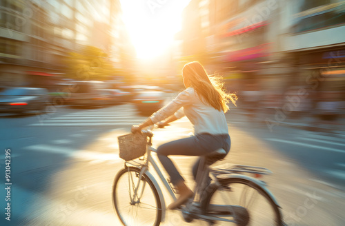 Woman Riding a Bike in the City with Fast Shutter Speed Effect