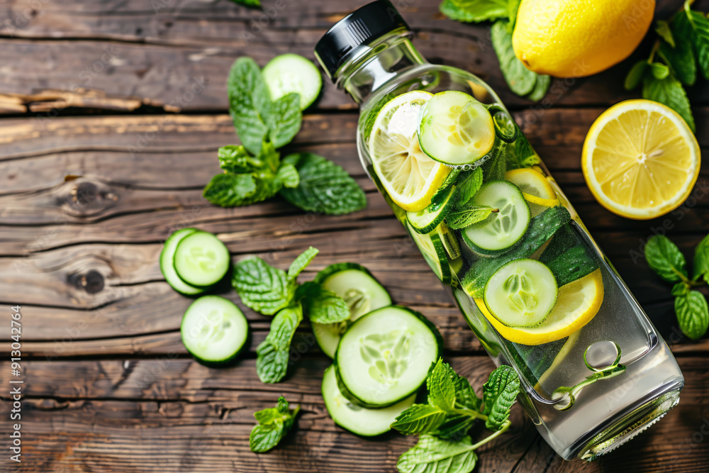 Detox Water Bottle with Lemon, Cucumber, and Mint on Wooden Table Detox Water Bottle with Lemon, Cucumber, and Mint on Wooden Table