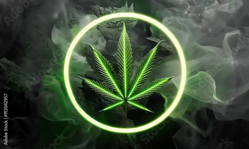 A weed leaf surrounded by a neon green ring and smoke (mov) 