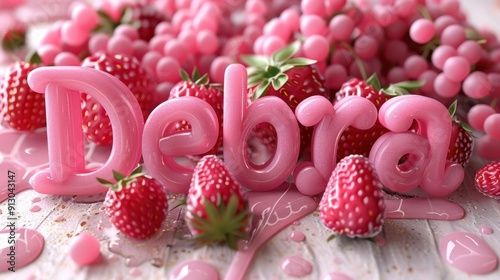 Pink frosted text spelling 'Debra' surrounded by vibrant strawberries and grapevine accents on a lightly textured background. photo