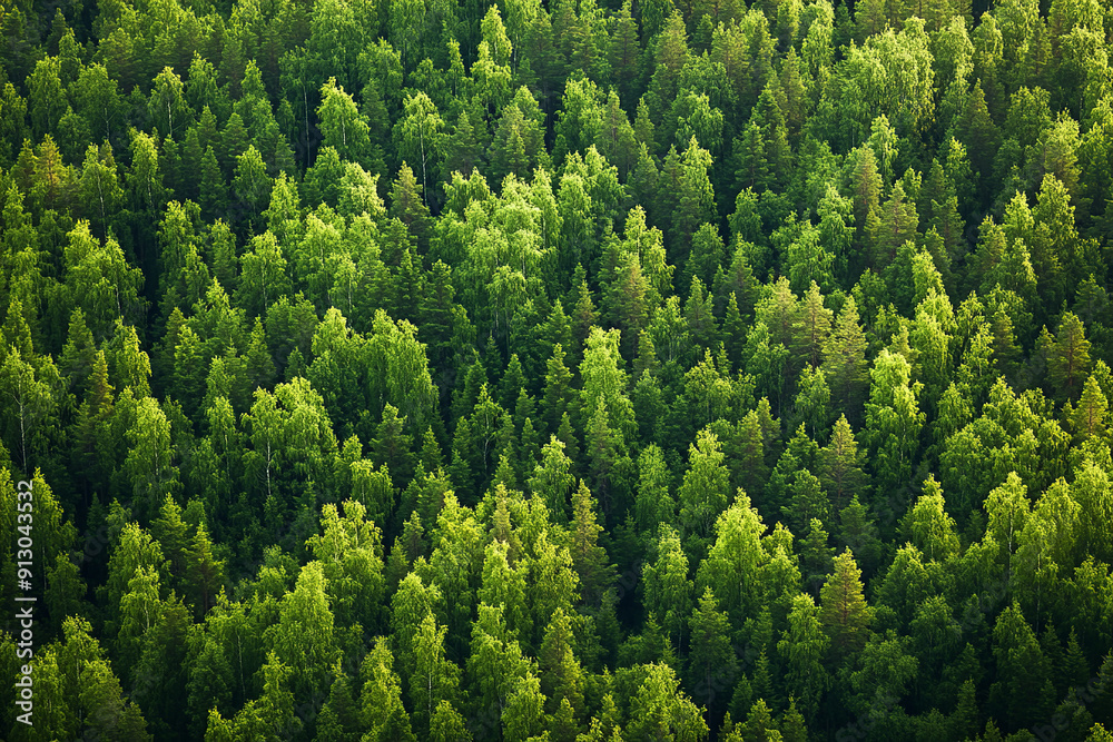 An aerial top view reveals a lush expanse of summer green trees in a rural Finnish forest. An aerial top view reveals a lush expanse of summer green trees in a rural Finnish forest.