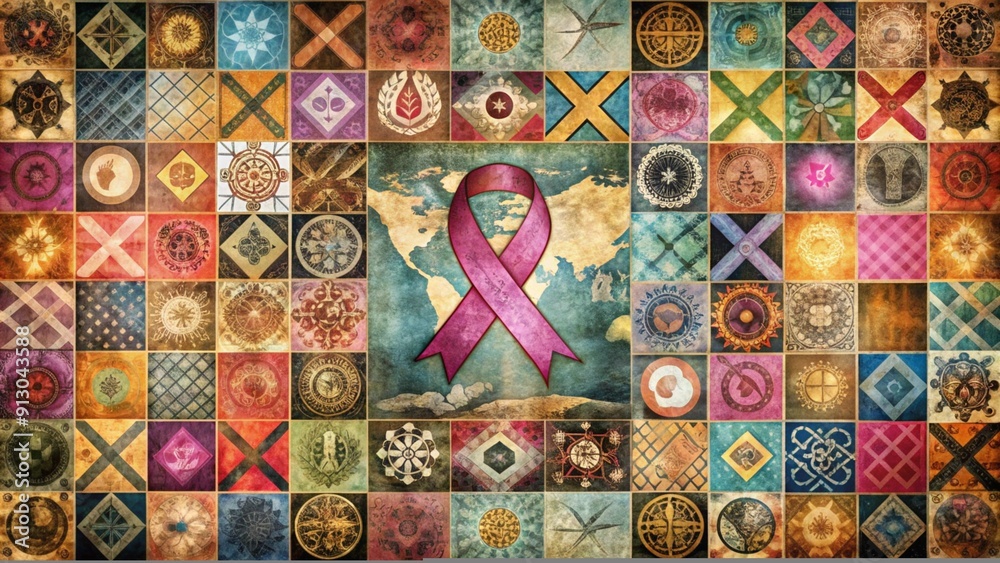 Fototapeta premium Colorful mosaic pattern with pink ribbon on a world map.