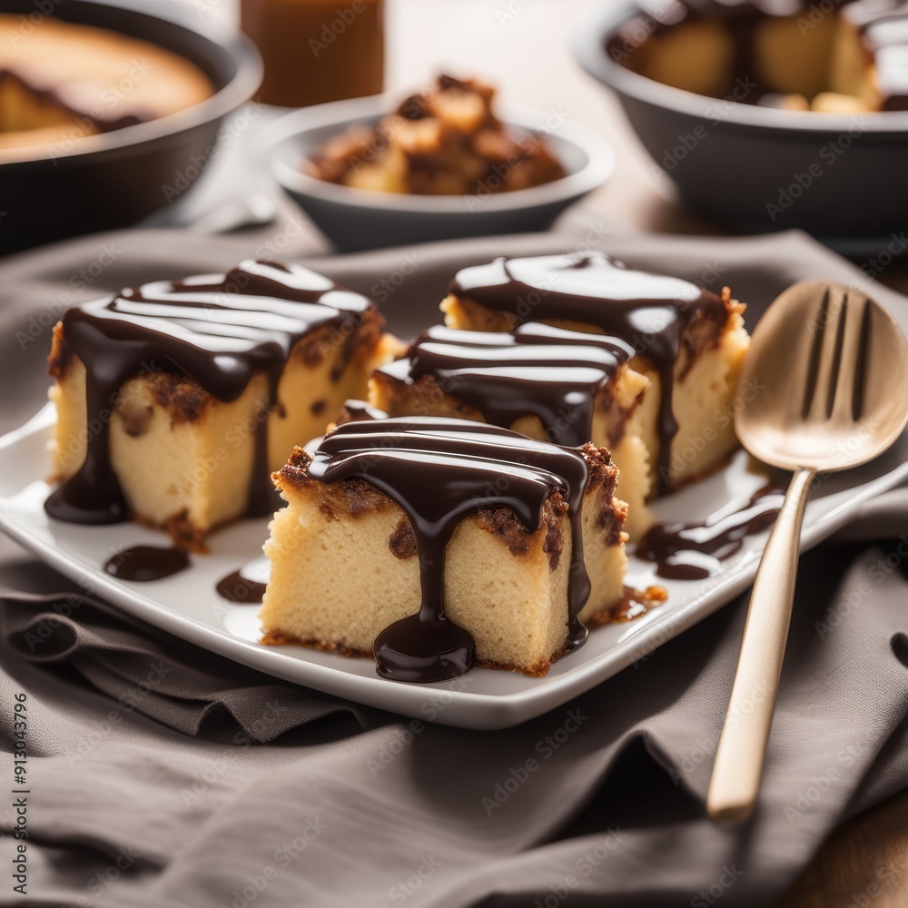 Close-up of a plate with three cheesecake slices drizzled with chocolate next to a bowl of crumbled nuts. Close-up of a plate with three cheesecake slices drizzled with chocolate next to a bowl of crumbled nuts.