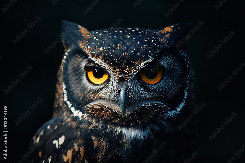 Close-up of a Great Spotted Owl, majestic, detailed plumage, intense gaze, sharp talons, dark silhouette Close-up of a Great Spotted Owl, majestic, detailed plumage, intense gaze, sharp talons, dark silhouette