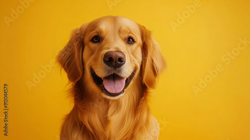 Fashion photography of a Golden Retriever dog, plain orange studio background