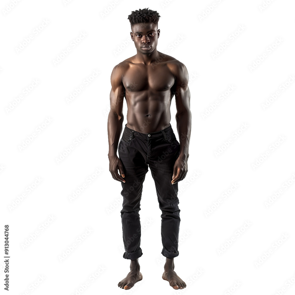 Young muscular african man standing on a white background, wearing jeans and showing his abs Young muscular african man standing on a white background, wearing jeans and showing his abs