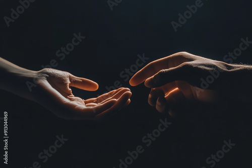 In a dark-toned image, hands reach out towards each other in a gesture of support and assistance.