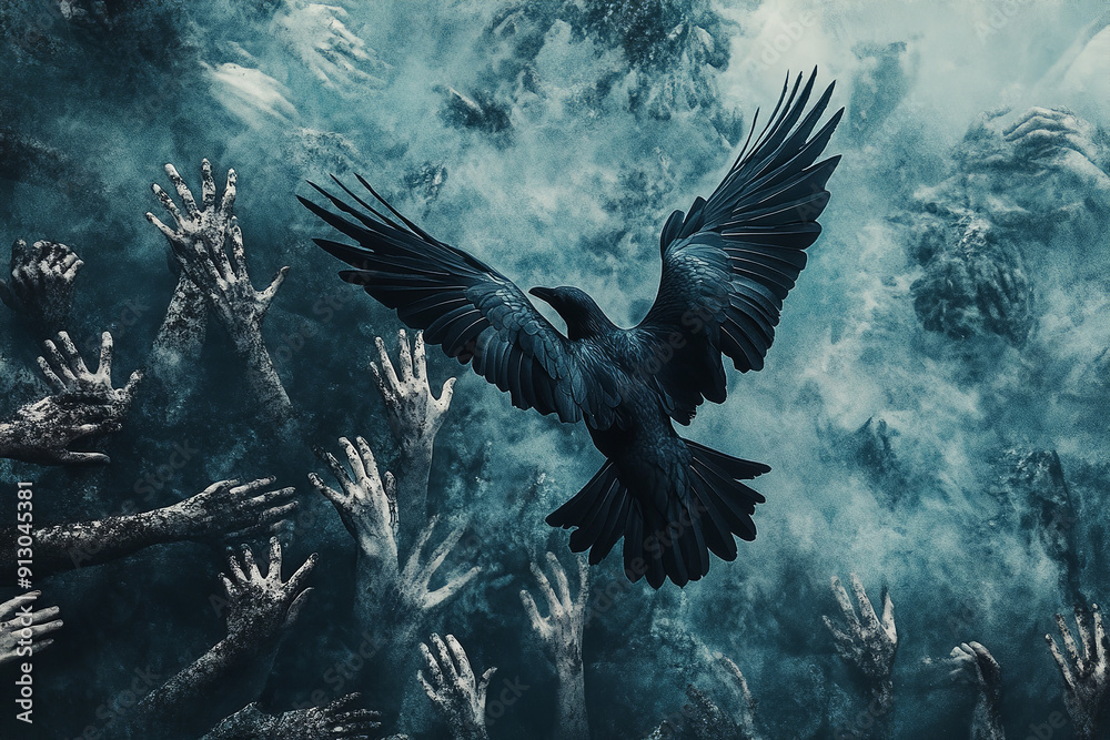 Obraz premium Overhead photography of a raven flying over a sea made of thorns, with countless hands reaching out from the thorns, strong colours