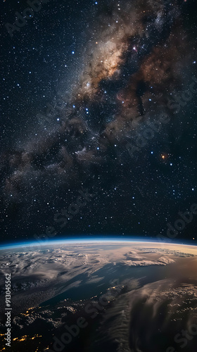 planet earth view from space, in the background the Milky Way and many stars, dark background