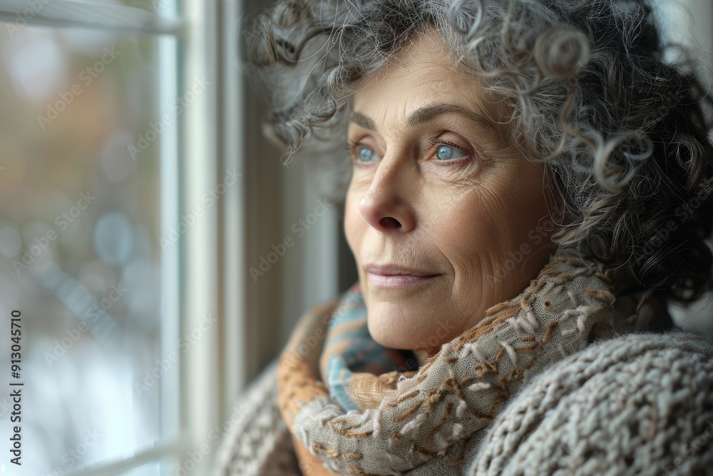 A thoughtful, senior woman at a home window for morning views, ideas, or serenity. Depressed, aged, and hopeful in a house during retirement and vision for old age.