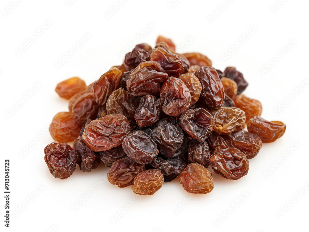 A close-up photograph of a pile of brown raisins against a white background. A close-up photograph of a pile of brown raisins against a white background.