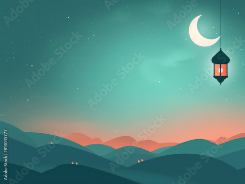 A crescent moon and a hanging lantern with a lit candle are silhouetted against a starry night sky above a line of teal hills.