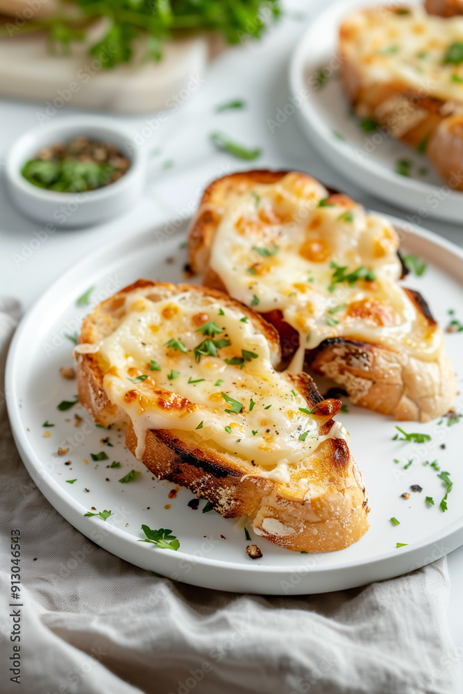 Cheesy grilled cheese baguette sandwich on white plate. modern white kitchen background Cheesy grilled cheese baguette sandwich on white plate. modern white kitchen background
