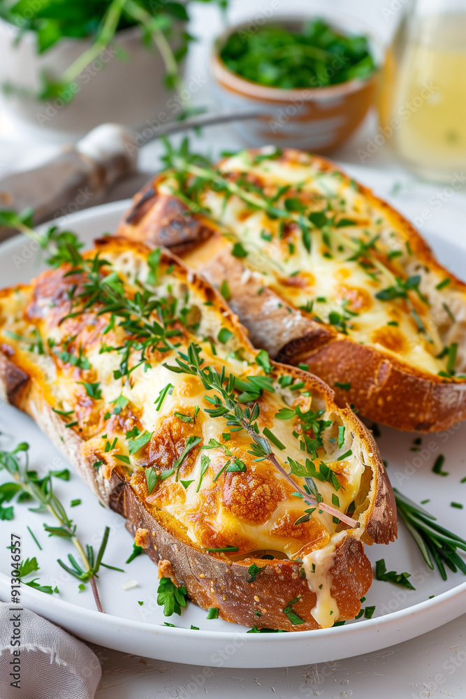 Cheesy grilled cheese baguette sandwich on white plate. modern white kitchen background Cheesy grilled cheese baguette sandwich on white plate. modern white kitchen background
