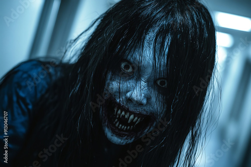 terrifying, close-up of a sinister Japanese female face with long hair, pale blue skin, hollow white eyes, wide and menacing smile with sharp black teeth