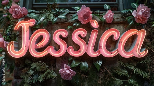 Neon pink 'Jessica' sign adorned with vibrant pink roses and lush green leaves, creating a whimsical and enchanting garden ambiance.