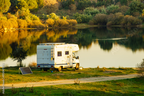 Rv caravan on nature. Autumn time.