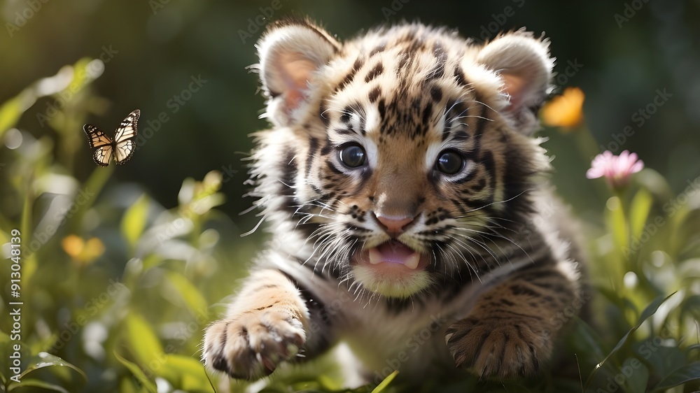 Fototapeta premium Adorable tiny tuxedo tiger cub having fun while chasing butterflies.