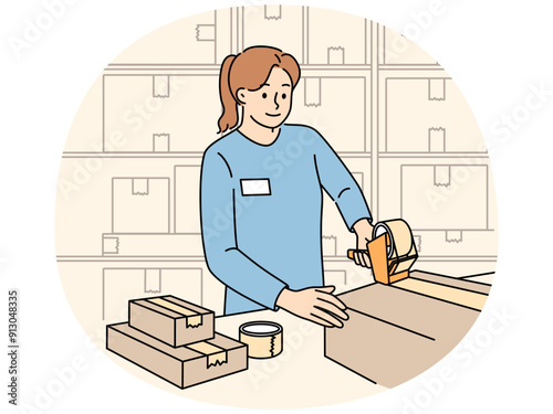 Woman works in warehouse packing parcels and sealing cardboard boxes while performing duties as storekeeper. Girl employee of warehouse or point of issue of orders stands near racks with cardboxes